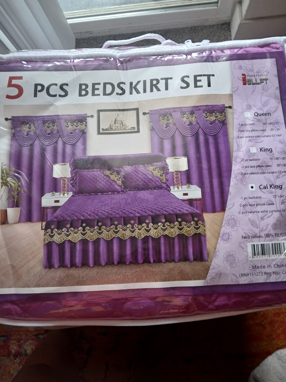 5-Piece Purple Bedskirt Set with Embroidered Trim
